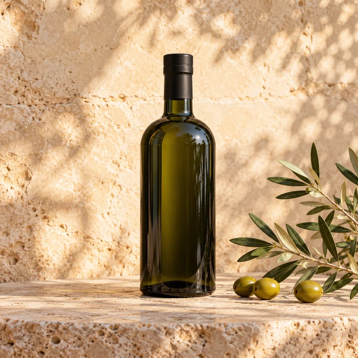 Fotografia illustrativa per CROGNALE: bottiglia di olio su pietra chiara