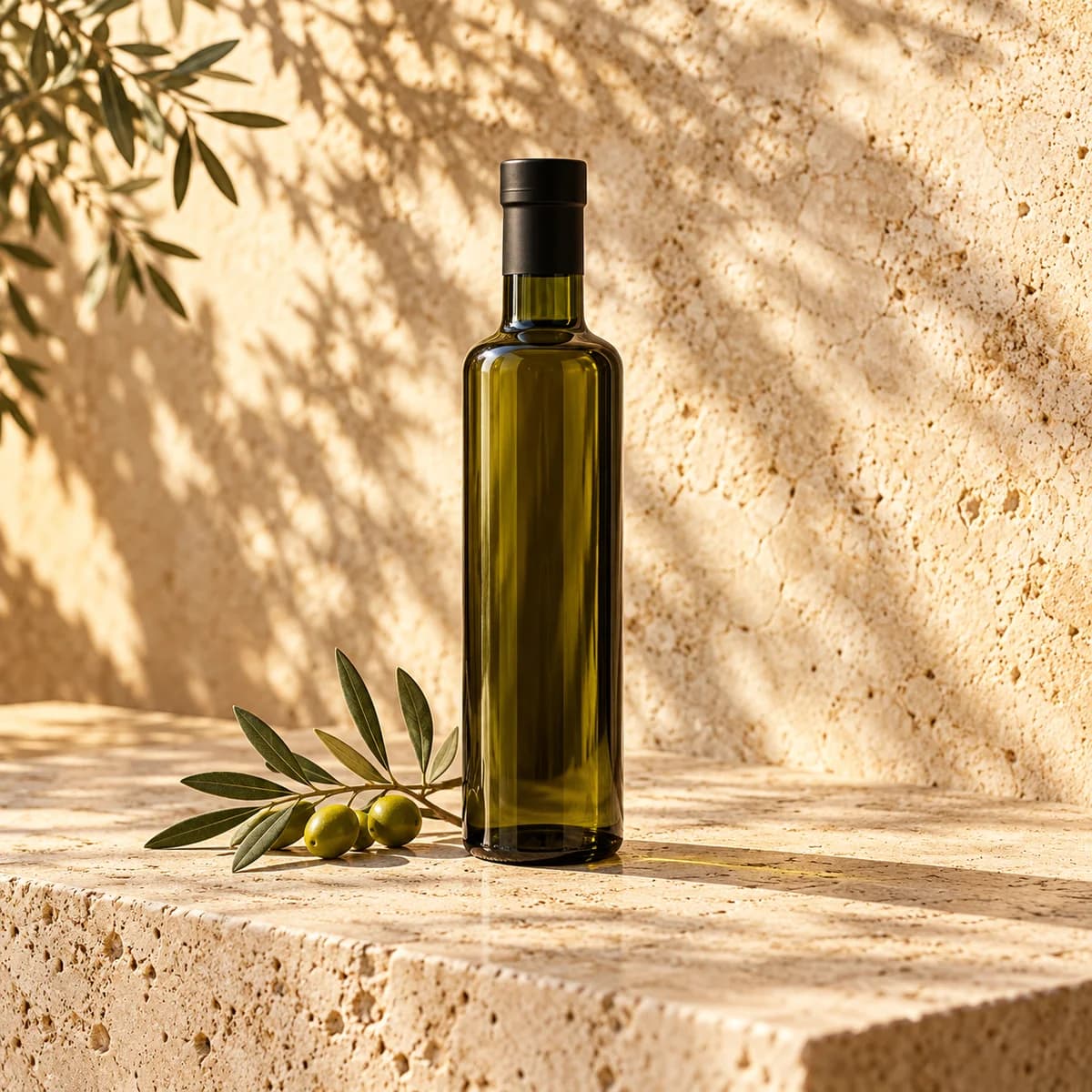 Fotografia illustrativa per Sabina DOP: bottiglia di olio su pietra chiara