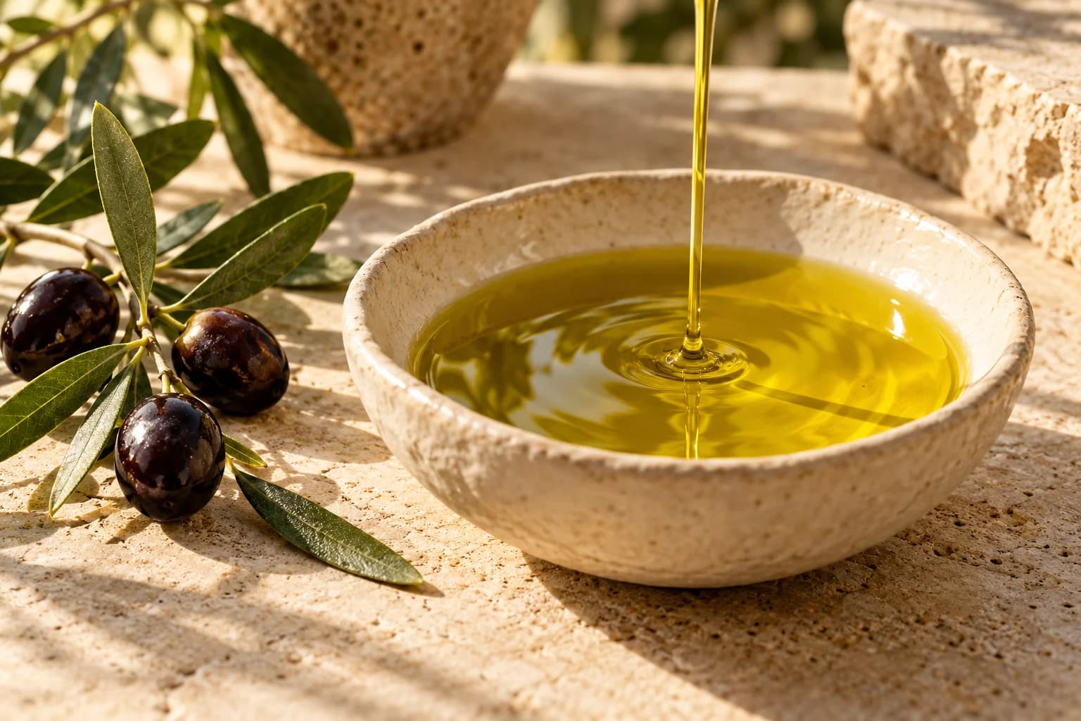 Olio extravergine versato in una ciotola di ceramica, tra olive e rami d’ulivo